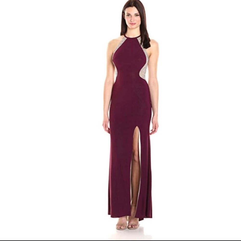 Xscape Illusion Cutaway High Neck Jerseys Gown S4 New Burgundy Prom Wedding